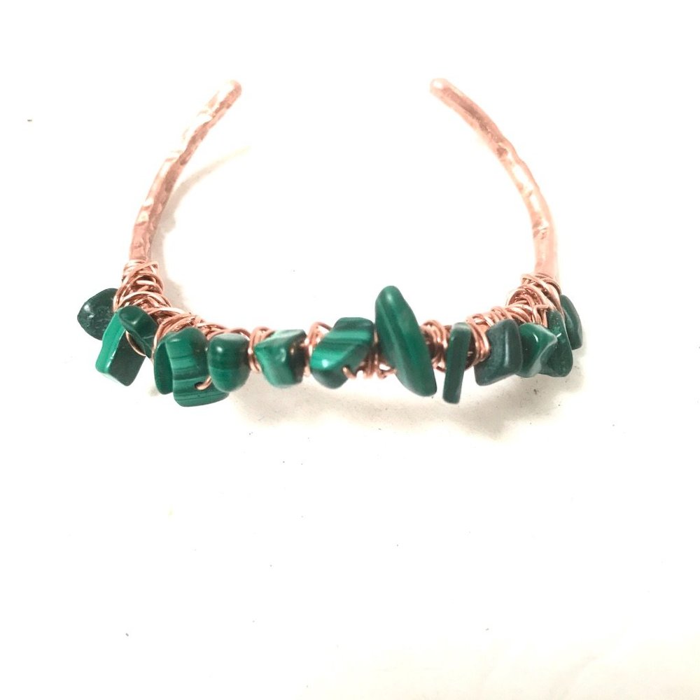 Genuine Malachite Gemstone Green Handmade Wire Wrap Cuff Solid Copper Bracelet - Picture 5 of 9